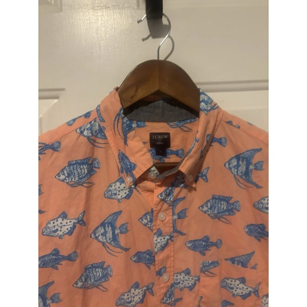 J.Crew Fish Short Sleeve Button‎ Shirt Mens Cotton Coral Orange Tropical Size Lg